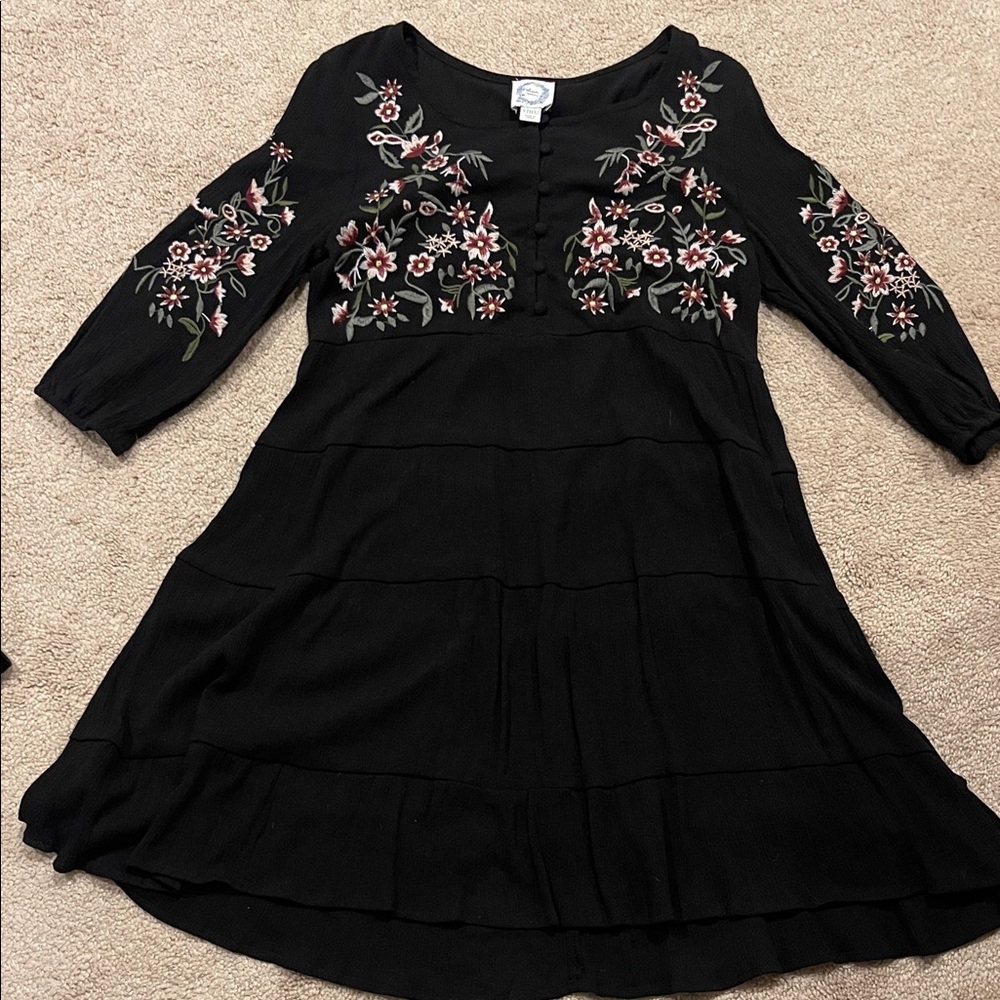 Blue rain black floral embroidered girls dress sz 12